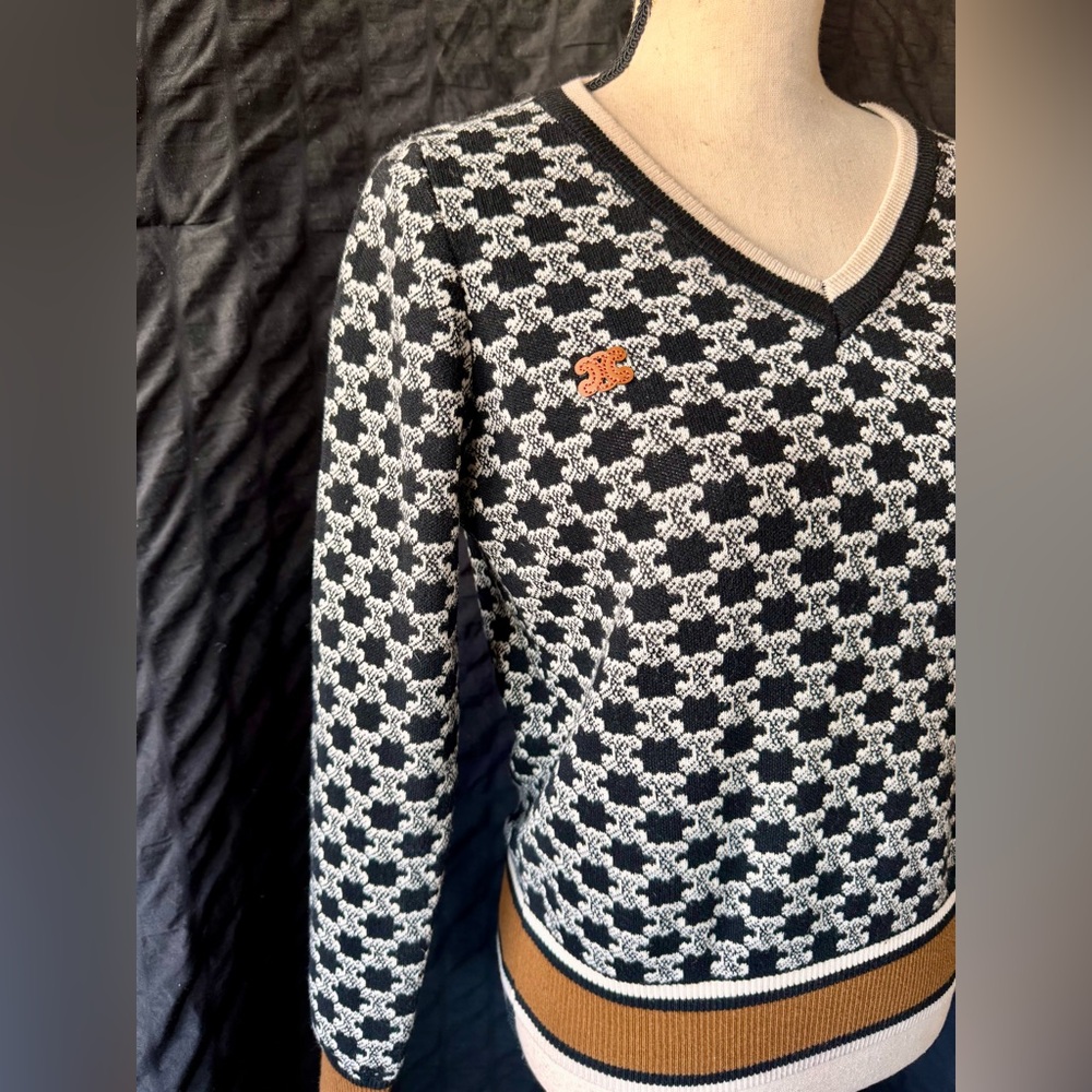 Celine Black and White Logo V-Neck Sweater